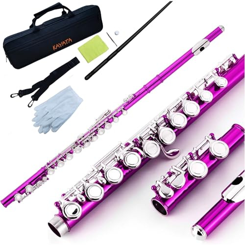 KAYATA C-Flöte – Geschlossene Lochflöte, 16 Tasten, versetzter G-Split-E-Mechanismus, Deluxe, leichte Canvas-Tasche, Schultergurt, Reinigungstuch, Gelenkfett und Handschuhe (Rosa)