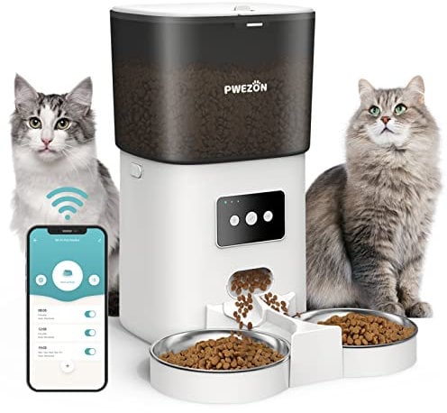 Automatic Cat Feeder, 2.4G WiFi 6L Cat Food Dispenser, Cat Feeder Automatic with Timer, 2 Stainless Steel Bowls, Low Food Alarm, 10s Voice Recording, Up to 20 Portions 15 Meals Per Day for Cats