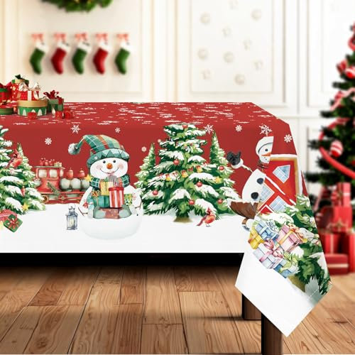 Arquiel Tischdecke Weihnachten, Schneemann Rot Weihnachtsbaum Tischtuch Abwaschbar Rechteckige Pflegeleicht Tischdeck FüR Küche Parteien Dekoration Hochzeit Festival(140 x 180 cm)