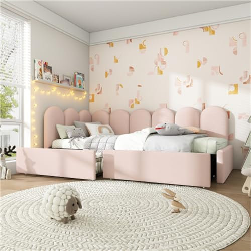 Rosa Gepolstertes Daybed-schlafsofa Mit Schubladen, Umwandelbares L-förmiges Design Für Kleine Räume, Ideal Für Jugendliche Und Erwachsene, Bequem Und Platzsparend(Size:90 * 200cm)