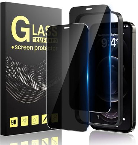 Guretok Pack of 2 for Tempered Glass Privacy Screen for iPhone 12 Pro Max, 6.7 Inches, Dark Protective Glass, Scratch-Resistant, 9H