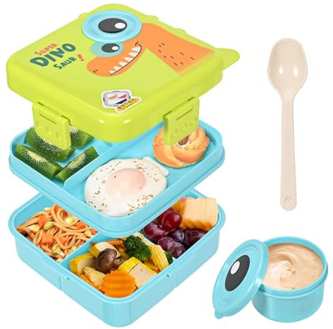 Fiambrera para niños, 1600 ml, doble capa, a prueba de fugas, fiambrera de dinosaurio, fiambrera infantil compartimentos, fiambrera infantil hermetica, fiambrera sin BPA