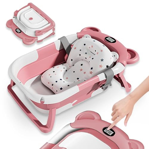 Faltbar Baby Badewanne Mit Rutschfestem Badekissen - Babywanne XXL Mit Baby Badewannensitz & Badethermometer - Von Der Geburt Bis 3 Jahre - Baby Bathtub - Geburtsgeschenke Für Mädchen & Jungen