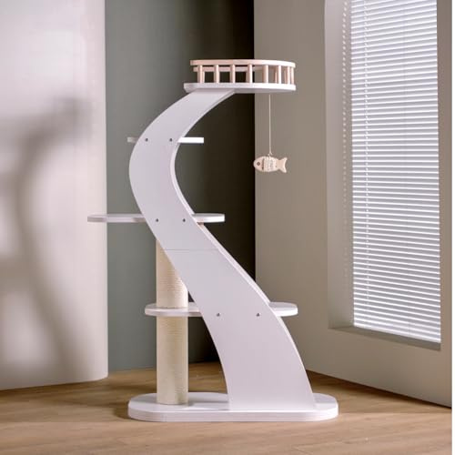 SHENGOCASE Modern Stylish 52.4 inches Tall Wooden Cat Tree Tower, Aesthetic Cat Condo Ladder with 5-Level Big Perch Platform Bed for Window Large Scratching Post