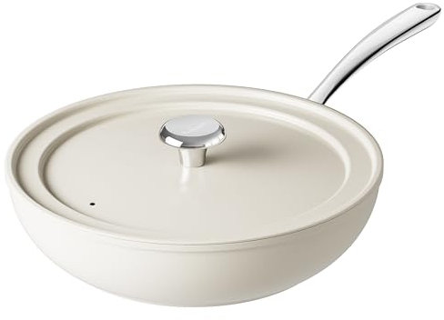 Redchef Bratpfannen 28 cm mit Deckel Keramik Antihaft, Pfannen 28 cm Aluminium für alle Herdarten, PTFE-frei PFAS-frei PFOA-frei, Induktionsgeeignet, Backofenfest, Spülmaschinenfest (Beige)