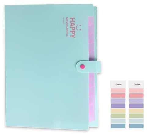 Meekye Carpeta archivadora A4 con 12 compartimentos y 16 etiquetas, carpeta de documentos A4, sistema de carpetas, organizador de documentos para casa, oficina, escuela, recibos y viajes, verde claro