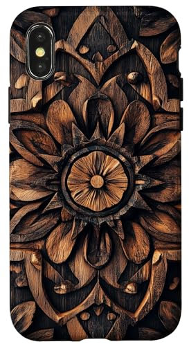 Aufwendig geschnitztes Mandala-Muster aus Holz mit Blumenmuster Hülle für iPhone X/XS