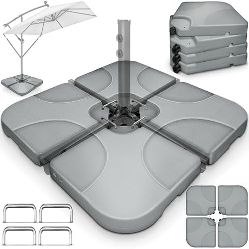 tillvex® Lestage & Dalles Carrées pour Parasol Déporté – Pied de Parasol 60 litres / 80 kg, 4 Pièces avec Connecteur Métallique | Base Remplissable avec Eau ou Sable | Support de Parasol (Gris)