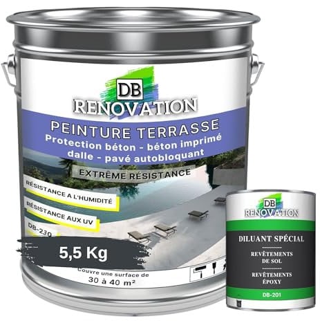 DB Rénovation PEINTURE SOL TERRASSE Extérieur pour béton, pavé - Forte protection UV - Haute imperméabilité - Passage fréquent - Gris anthracite 5,5KG + 1L Diluant