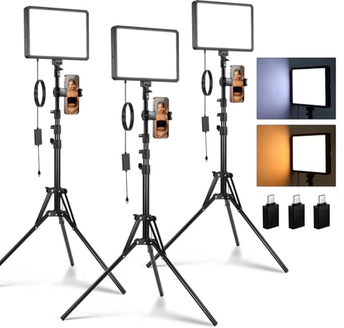NEEWER BASICS 3 Pack LED Video Panel Light, Studio Lighting Kit with Tripod Stand & Phone Holder for Video Recording Photography Streaming, 850lx/0.5m Bi Color 2700-6500K Dimmable Key Light, BP300