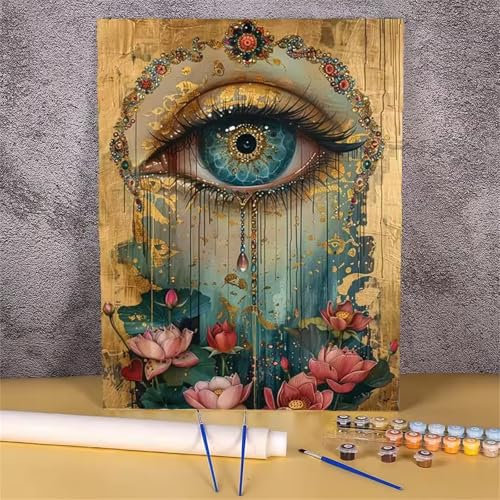 Augen Lotus Malen nach Zahlen Erwachsene,Paint by Numbers kits for Adult,DIY Leinwand Acrylfarbe Handgemalt Ölgemälde für Home Wand Décor Geschenk,mit rahmen 40x50cm