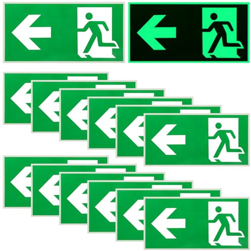 12 Stück Schild Notausgang: 300 x 150 mm Schild Notausgangsschild Extra Langnachleuchtend, Notausgangsschild Pfeil nach Links Reflektierend, Fluchtwegschild Rettungsweg (Nach Links)