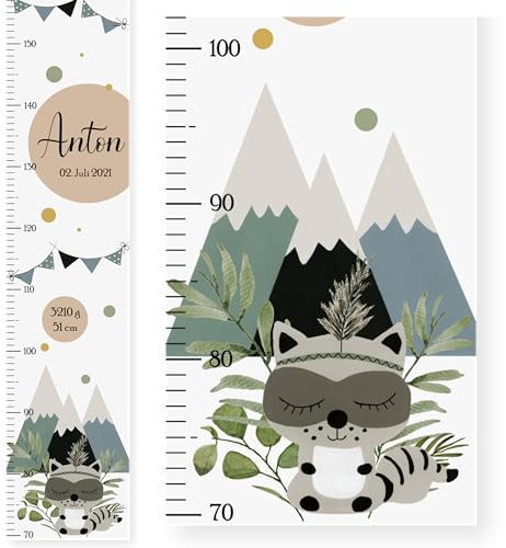 EmiliaLotte Personalisierte Kinder Messlatte Holz mit Wunschname & Daten I Messlatte Kinder 70-160 cm I Montessori Messlatte Kinder Holz in Weiß - Waschbär Blau I Messlatten für Kinderzimmer