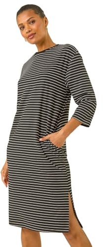 Roman Originals Stripe Jersey Stretch T-Shirt Dress for Women UK - Ladies Everyday Autumn Winter Round Neckline Comfy Soft Evening Vacation Work Party Night Out