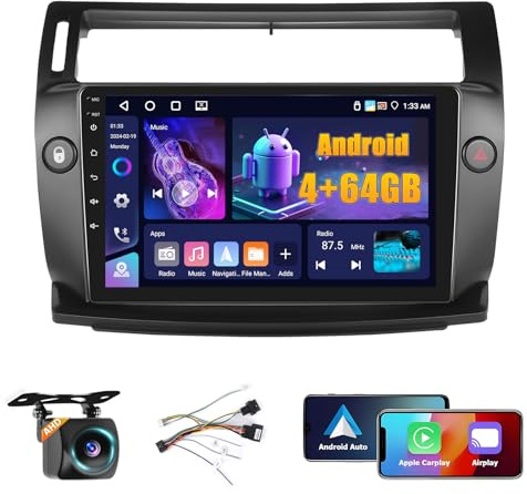Fuluku 4+64G Autoradio 9 Écran Pantalla Coche para Citroen C4 2004-2009 | Android 15 Autoradio Avec Carplay/Android Auto Wireless 9 Tactile Radio Coche Bluetooth/GPS,Cámara traseras, FM, WiFi/SWC
