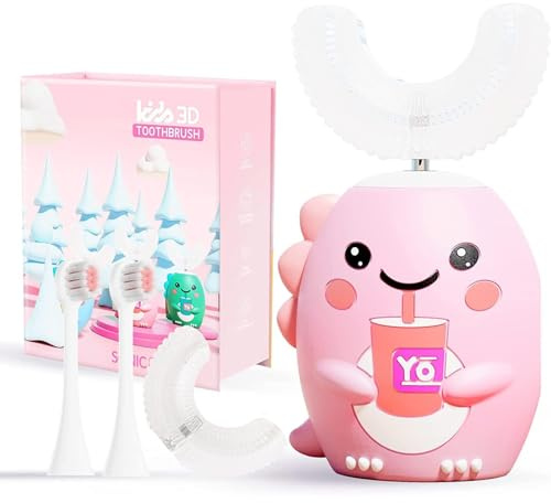U-Förmige Elektrische Kinderzahnbürste mit 4 Bürstenköpfen, Kinder-Schallzahnbürste mit 5 Modi, Cartoon-Dinosaurier-Design, 360-Grad-Reinigung, IPX7 Wasserdicht (Für 2-6 Jahre (Rosa))