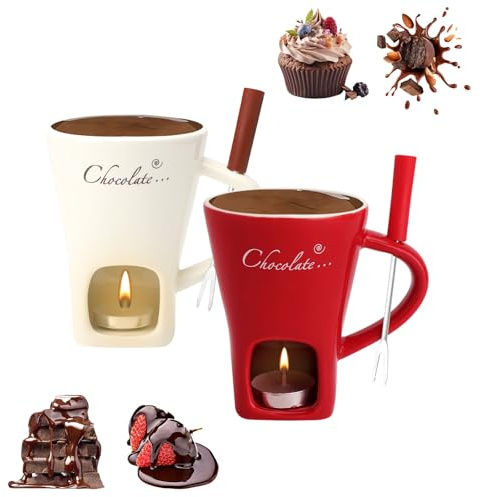 2 tazas de fondue de chocolate de cerámica, 130 ml, con portavelas, tenedores, fondue de chocolate, juego de fondue de chocolate, juego de fondue de chocolate, cazuela para chocolate, queso