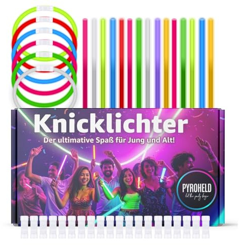 PYROHELD 500x Knicklichter - Leuchtstab - extra Hell & Lang - in bunten Farben für Kindergeburtstag, Party, Silvester, Mitgebsel, Festival, Geburtstag - Glow Sticks mit Verbinder (500)