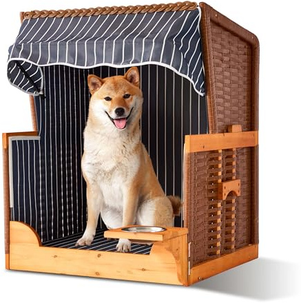 Relaxdays Hundestrandkorb, Rattan, mit Napf, Hundesessel mit Dach, HBT: 95x75x65 cm, Garten & Terrasse, Holz, dunkelblau