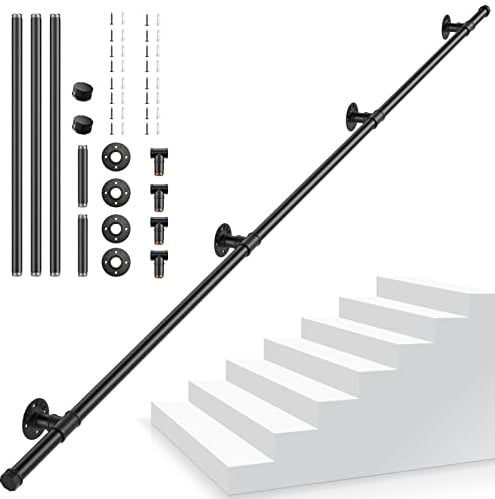 Pasamanos Escalera, 3M Pasamanos para Escaleras Interior Exterior, Pasamanos Negro con tubo de acero Galvanizado Industrial Antideslizante, Barandilla Escalera para Cocina Baño Jardín