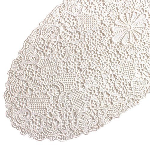 Plauener Spitze Original Tischdecke No. 2204_e_4090 - Spitzendecke Design Admeto, 40 x 90 cm oval, edle Guipure Spitze in Handstickerei komplettiert, 100% Bio-Baumwolle, Farbe Champagner