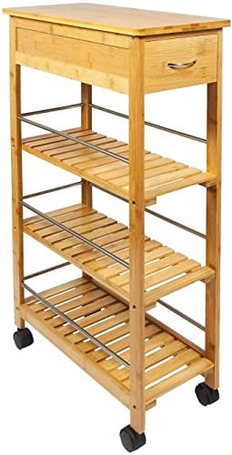 4 Tier Slim Portable Natural Bamboo Space Saver Wood Kitchen Trolley Drawer Organiser Cart Island Storage Basket Utility Organizer Rack, Slimline Bamboo Kitchen Islands Storage Trolley Cart