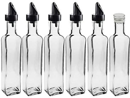 hocz Glasflaschen Set mit | 12 teilig | Füllmenge 500 ml | Deckelfarbe Silber | 6 Maras 6 Ausgießer für Dressing Saftflaschen Likörflaschen Setzen Sie ganz einfach Ihr eigenes Öl an