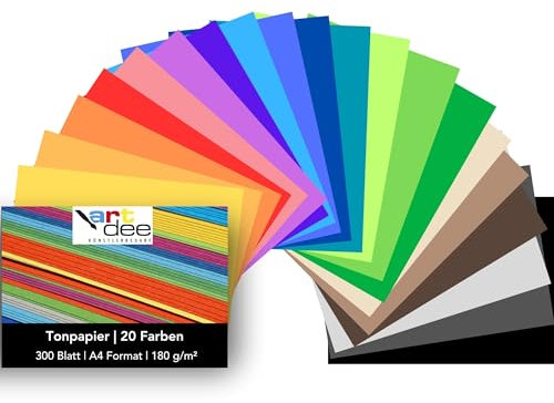artdee® Tonpapier bunt in 20 verschiedenen Farben 180 g/m² – Bastelpapier Set (300 Blatt gemischt in DIN A4) – Buntes Papier zum Basteln – Bastelpapier bunt für Kinder und Erwachsene