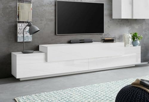 Dmora - Meuble TV Nico, Buffet Bas de Salon, Base pour Meuble TV, 100% Made in Italy, 240x45h52 cm, Blanc Brillant