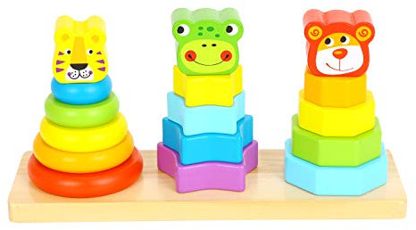 Woody Treasures Wooden Stacking Toys for 1 2 3 Year Olds - Baby Stacking Rings with Lion, Dog & Frog Head - Cognitive & Fine Motor Skills Development - Classic Stacker for Boys & Girls