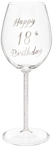 Maturi Happy 18th Birthday Wine Glass with Silver Diamond Stem - 400ml / 13.5 Fluid Ounces