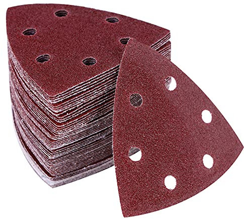 Mouse Sanding Pads, 60pcs Detail Sander Pads 90x90x90mm Triangle Sanding Sheets 6 Holes Multitool Sandpaper 40/60/80/120/180/240 Grits for Bosch, Black and Decker