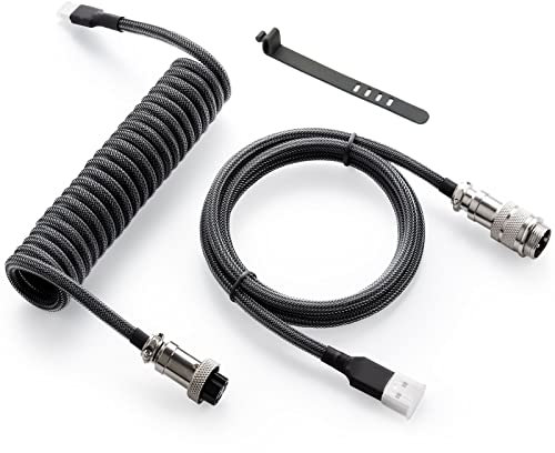 GUNMJO Cable USB C en espiral Pro Custom para teclado de juegos, cable de teclado mecánico de doble manga con aviador de metal desmontable, 1.5 m USB-C a USB-A, color negro carbón