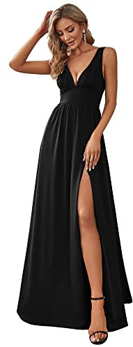 Ever-Pretty Women's A Line High Waist Elegant Sleeveless V Neck Floor Length Evening Dress Black 14UK