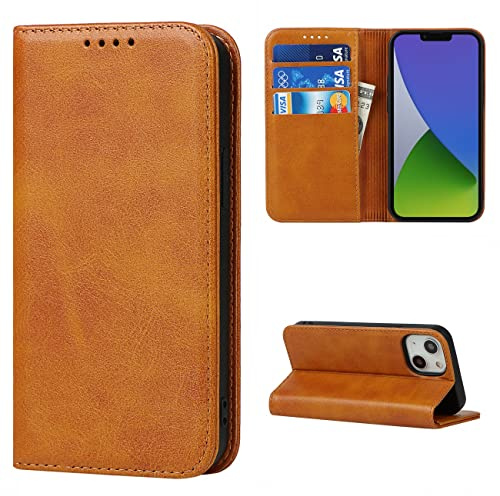 Cavor iPhone 14 Plus Case,Flip Leather Wallet Case,[3 Card Holders][Stand Holder][Magnetic closure],Leather Cover Phone Case for iPhone 14 Plus - Light Brown