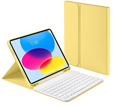 Laetass Hülle mit Tastatur für iPad 10 Generation 10.9 Zoll 2022, Magnetisch Abnehmbarer Tastatur mit stifthalter, Auto Schlaf/Wach, Deutsches QWERTZ-Layout (gelb)