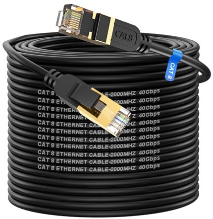 Cat8 Ethernet Kabel/lan kabel 50meter, verlegekabel Hochgeschwindigkeits 40Gbit/s-2000MHz Netzwerkkabel, geflochtener Gigabit-vergoldeter RJ45-Stecker, Outdoor und Indoor Internet für Xbox PS4/5