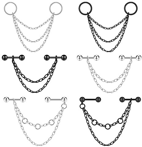 Longbeauty 6 Pcs Knorpel Tragus Ohrringe 16G Edelstahl Barbell Stud Ohrstecker mit Kette Dangle Industrial Ohrpiercing Schmuck für Damen und Herren