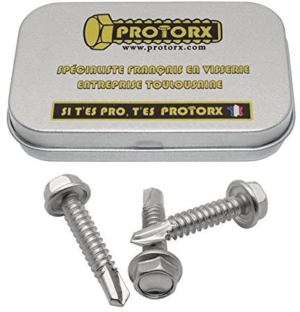 Vis Autoforeuse Metal M6,3 x 32mm : Boite 10 Pcs Visserie Inox pour Ecrou Rondelle | Vis Autoperceuse Pour Metal Tete Hexagonale a Embase Acier A2 - DIN 7504 K | Boite Rangement Vis PROTORX