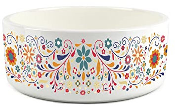 Mexican Floral Colourful Large Pet Food Bowl - Ceramic White & Multicolour Bright Food Water Dish For Dogs