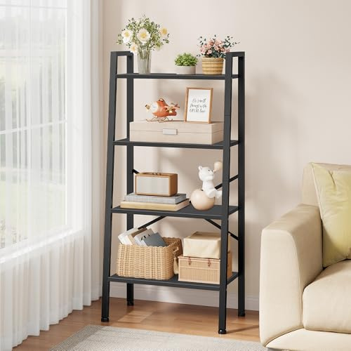 Hoctieon 4-stöckiges Industrieleiter-Bücherregal, schmales Leiterregal, hohes stehendes Bücherregal, schmales offenes Leiterregal, für Wohnzimmer, Home Office, Küche, Schwarz, 17x12x53
