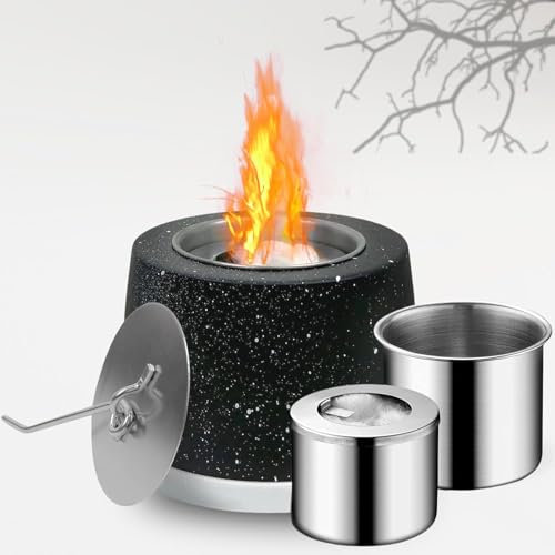 Tabletop Fire Pit Bowl for Indoor Outdoor - Portable Concrete Tabletop Fireplace with Ceramic Base for Garden Balcony Living Room Dining Table