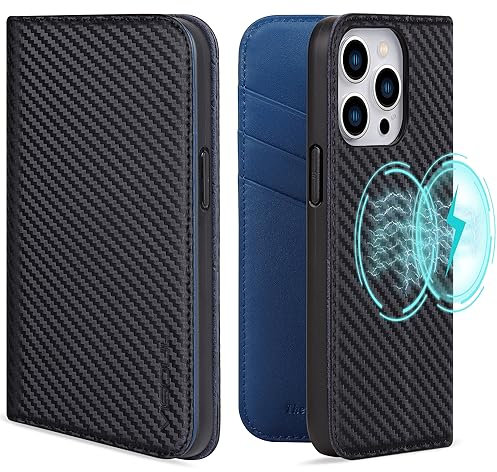 VISOUL Hülle für iPhone 15 Pro, Schutzhülle Carbon Leder Schützt vor Stoß Kartenfach Magnetverschluss Stand Klapphüllen handyhülle Handytasche Etui Case Blau T