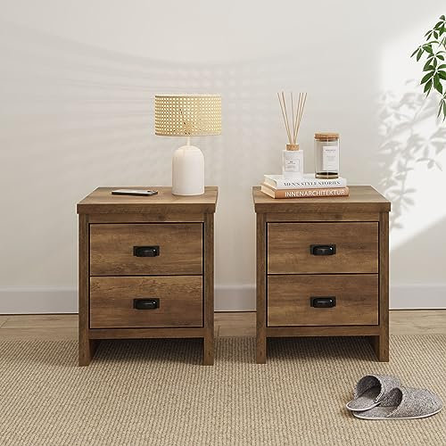 GFW Boston Pair Bedside Cabinets 2 Drawers Storage Shelf Side Cabinet End Table Knotty Oak