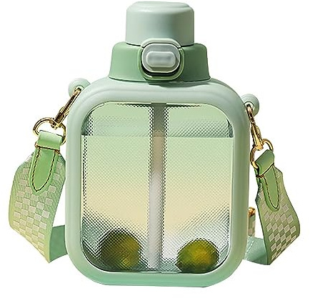 DONGKER 700ml Trinkflasche, Süße Wasserflaschen mit Strohhalmen, Quadratische Auslaufsicherer Flasche mit Riemen für Frauen Fitnessstudio, Radfahren, Yoga, Outdoor-Sport und Pendeln
