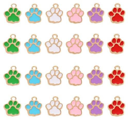 XCSJ 24pcs Pfotenabdruck Charms Emaille Katzen Fußabdruck Charms Tier Pfoten Charms Hund Pfotenabdruck Charms Fußabdruck Emaille Charms Anhänger für Halskette, Armband, Schmuck, Diy Basteln-6 Farbe