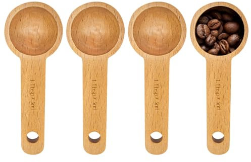 FKWKUW 4Pcs 7,5Ml Cuillère À Mesurer en Bois Cuillère À Café en Bois en Hêtre Cuillère À Doser pour Café Moulu pour Mesure Grains Café Moulus Thé Accessoires De Maison Cuisine