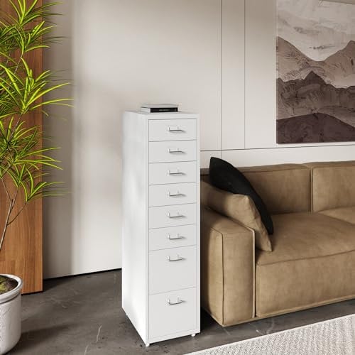 [en.casa] Rollcontainer Kökar Schubladenschrank Metall Aktenschrank mit 8 Schubladen Bürowagen mit Rollen für Arbeitszimmer 109 x 28 x 41 cm Weiß