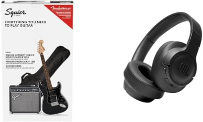 Squier (by Fender) Affinity Stratocaster HSS Electric Guitar Pack in Charcoal Frost Metallic. & JBL Tune 760NC Wired and Wireless Over-Ear Headphones with Built-In Microphone