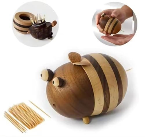 Pessrrtewg Dispenser per stuzzicadenti, grazioso dispenser per stuzzicadenti a forma di ape, organizer da scrivania in legno, decorazione a forma di ape, decorazione per la casa, regalo unico e